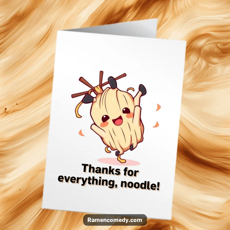 Funny Free Printable Thank You Card: A delighted ramen noodle character doing a playful somersault, expressing energetic gratitude.