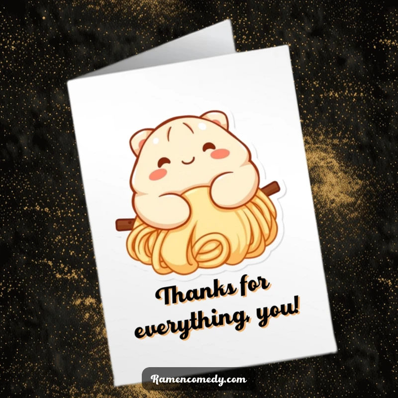Cute Free Printable Thank You Card: Smiling dumpling character with rosy cheeks sliding down a noodle.