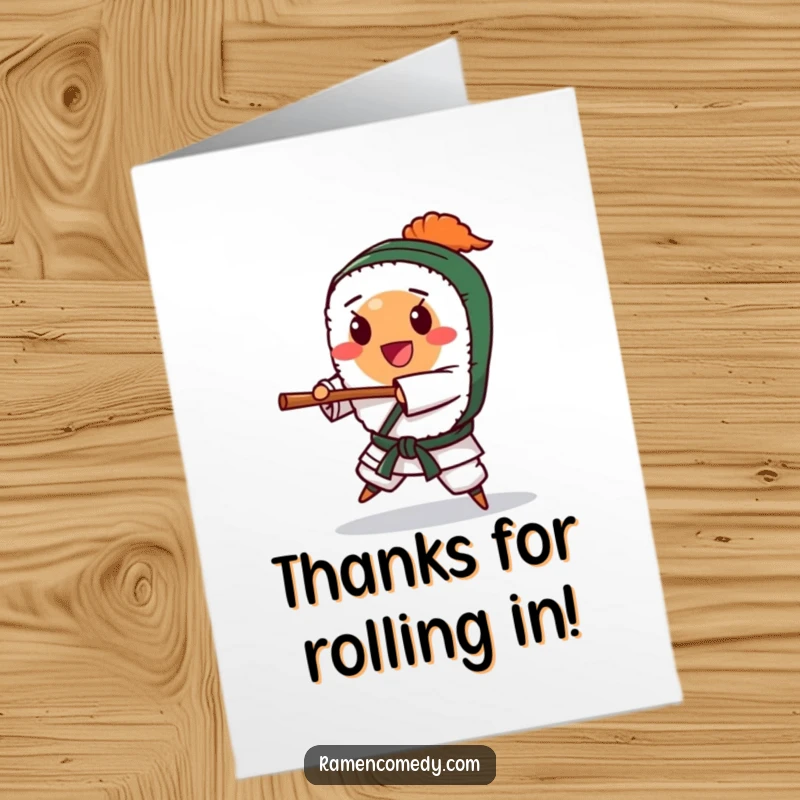 Funny Free Printable Thank You Card: A happy sushi roll character delivers a karate chop, conveying thanks. Downloadable art.