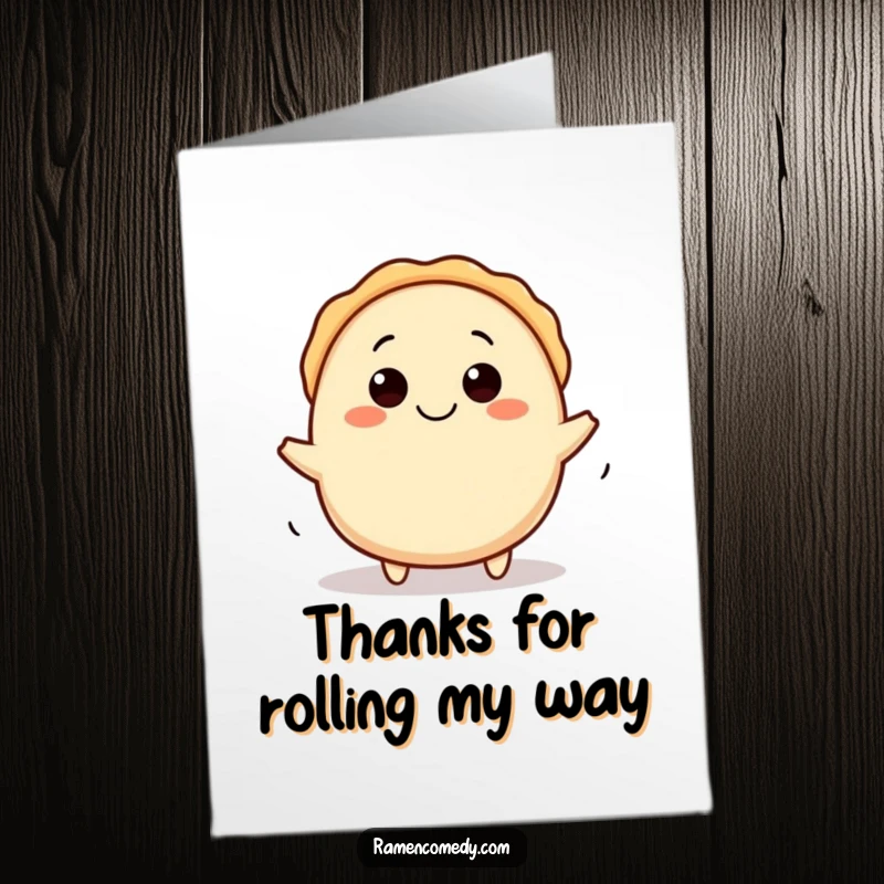 Funny Free Printable Gyoza Thank You Card: Happy dumpling character rolling happily, a downloadable thank you.