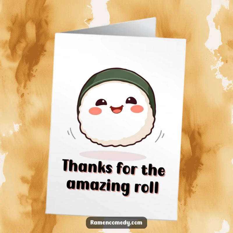 Funny Free Printable Thank You Card of a smiling sushi piece in a delightful spin, perfect for conveying thanks with a unique flair.
