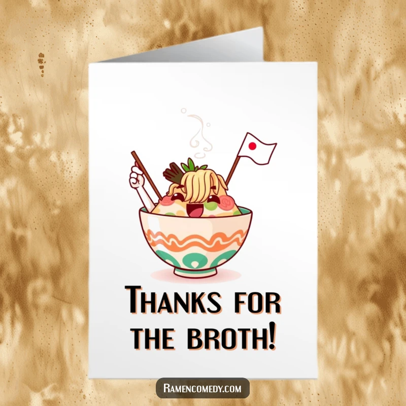 Funny Free Printable Thank You Card: A ramen bowl character with steam rising excitedly waves a flag.