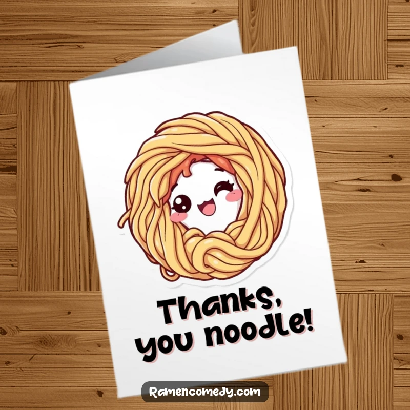 Funny Free Printable Thank You Card: A ramen noodle character excitedly curls into a loop to say thank you.