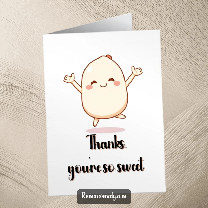 Funny Free Printable Mochi Thank You Card: Smiling character bouncing with stretchy arms, a downloadable thank you.