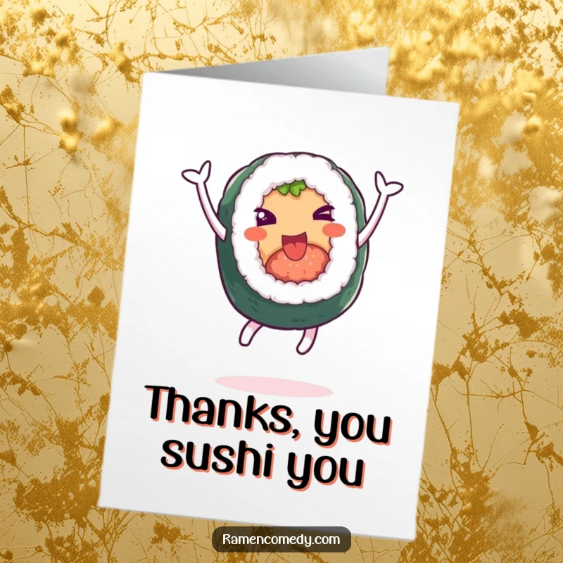 Funny Free Printable Thank You Card: Cheerful sushi roll leaps with excitement, conveying thanks gift.