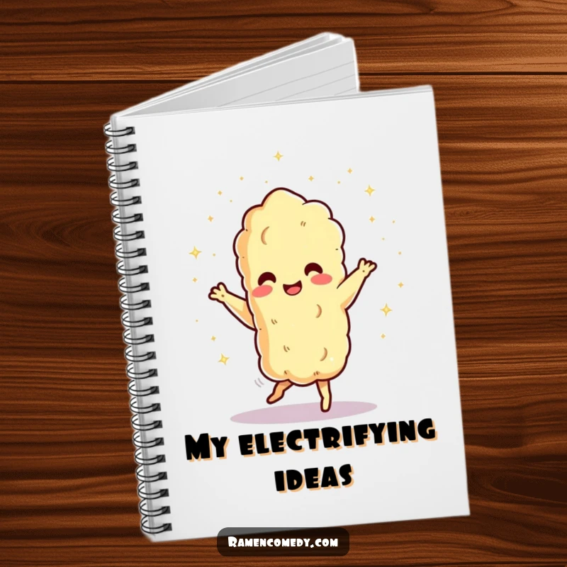 Funny dancing tempura character showering tiny sparks, notebook. Ideal funny gift for planners and food enthusiasts.