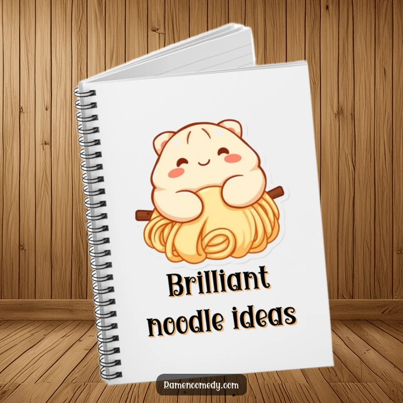 Funny dumpling notebook with a smiling dumpling character sliding down a noodle, perfect for journaling and creative thoughts.