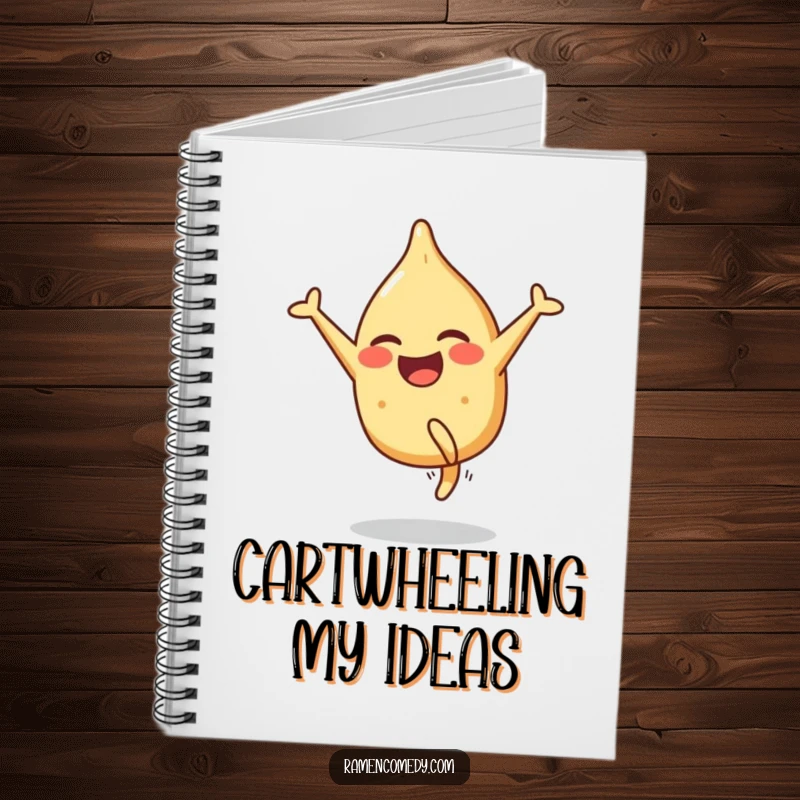 Funny notebook featuring a smiling gyoza character doing a cartwheel, ideal for writing recipes and funny thoughts.