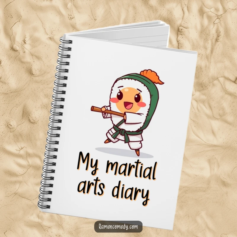 Funny happy sushi roll character performing a karate chop, notebook. Ideal funny gift for planners and food lovers.