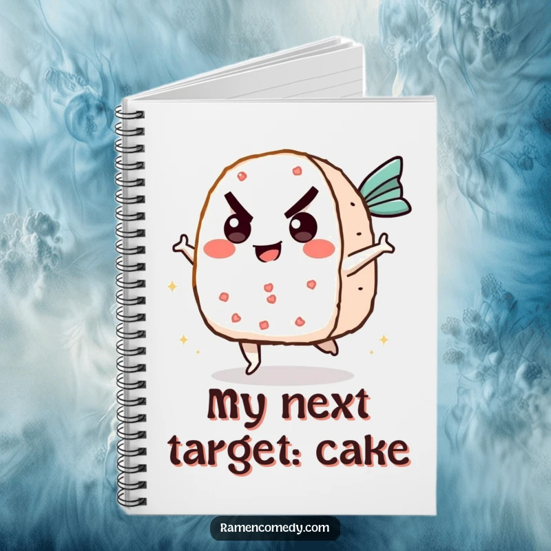 Funny onigiri notebook with a determined rice ball character kicking a flying fish cake, perfect for notes, doodles, and funny ideas.