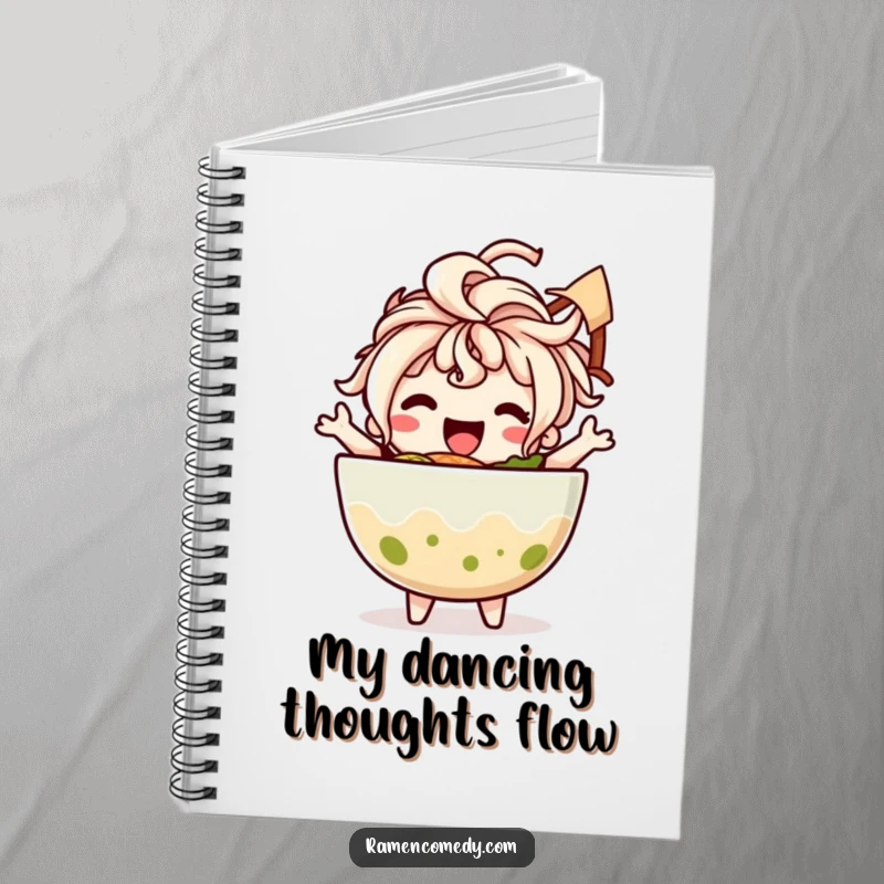 Funny notebook featuring a happy ramen bowl character with noodle hair dancing, ideal for writing down recipes and funny thoughts.