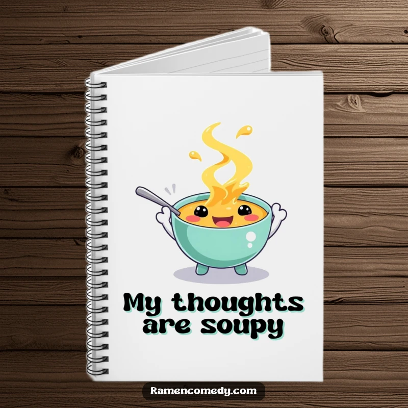 Funny notebook featuring a playful soup character with spoon hands, splashing happily. Ideal for notes, journaling, and creative thinking.