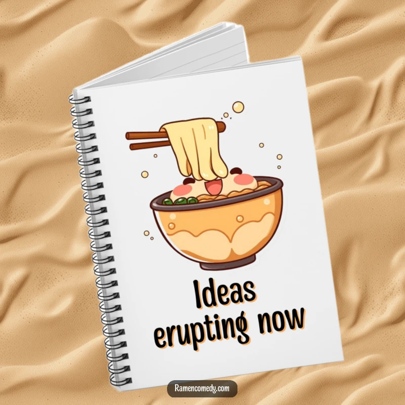 Funny ramen broth notebook with a bubbling character splashing out of a bowl, perfect for notes and surprising ideas.