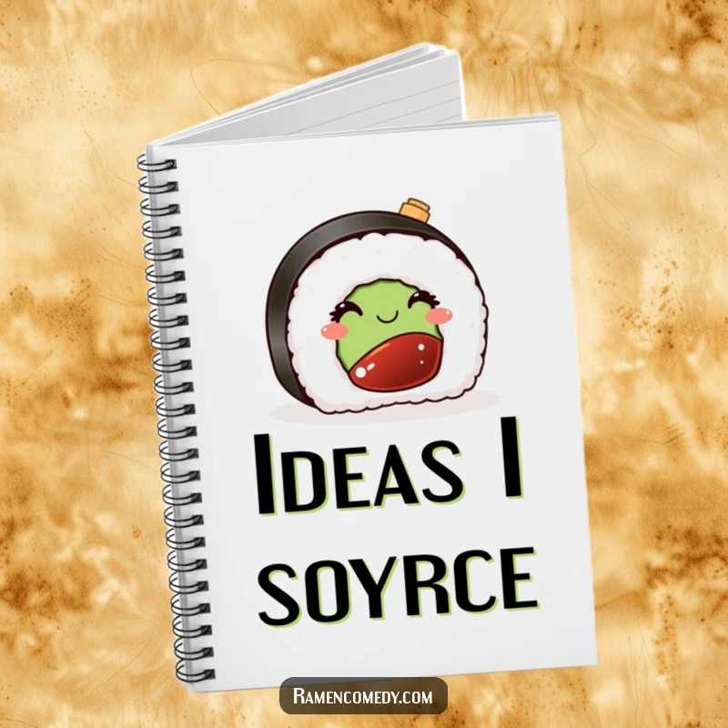 Funny notebook cover with an illustration of a sushi piece winking playfully with a tiny soy sauce bottle, ideal for jotting down culinary thoughts.