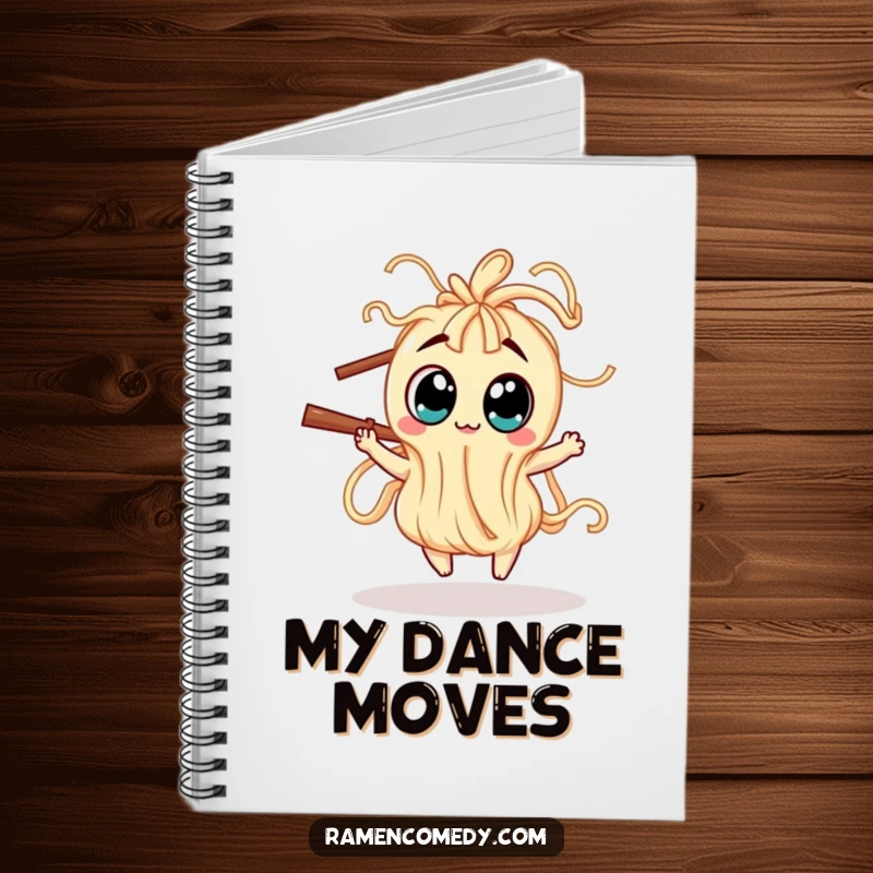 Funny Notebook with a wiggly noodle creature dancing around a chopstick, perfect for jotting down notes with a playful touch.