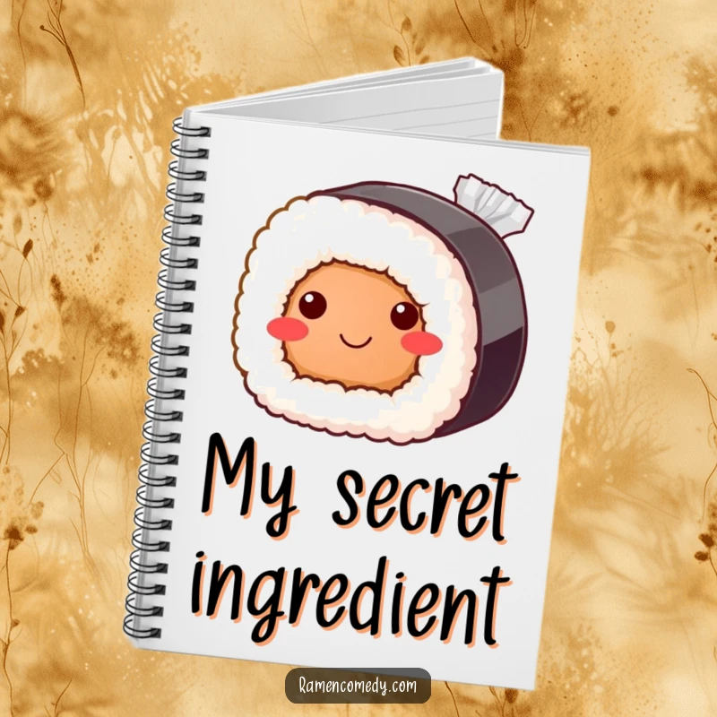 Funny sushi roll notebook, bashful smile peeking from soy sauce packet, cute Japanese food stationery.