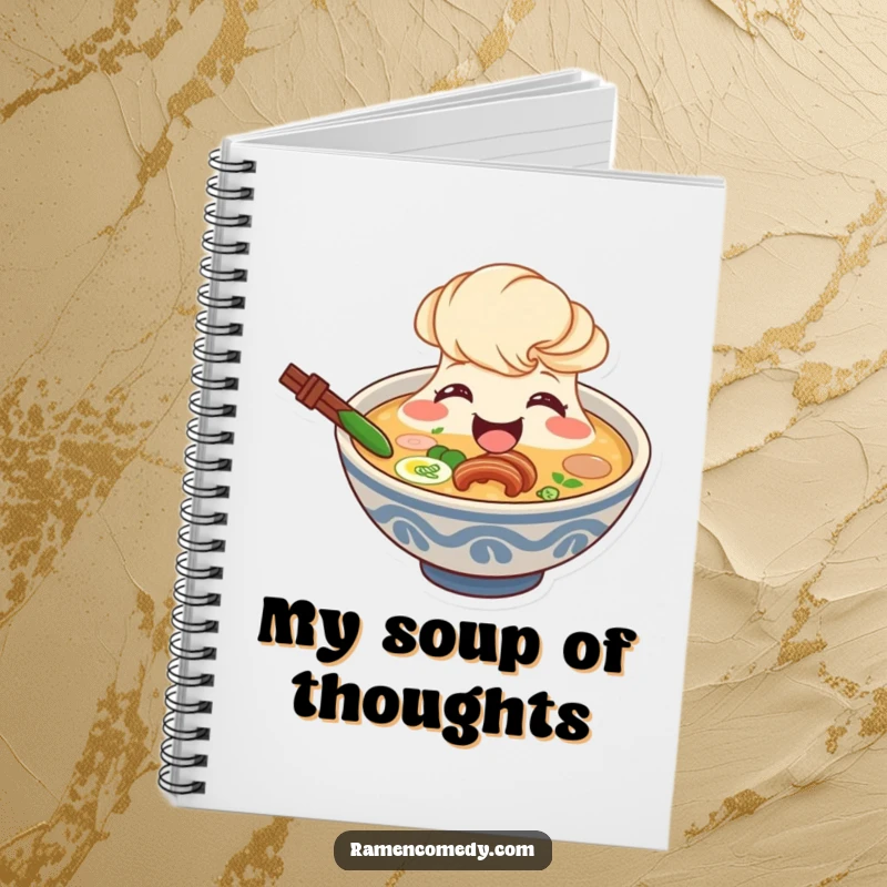 Funny ramen broth notebook, smiling character beaming from bowl, cute soup journal.