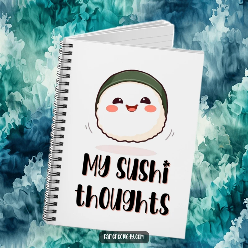 Funny smiling sushi piece spinning playfully, cute cartoon food notebook.