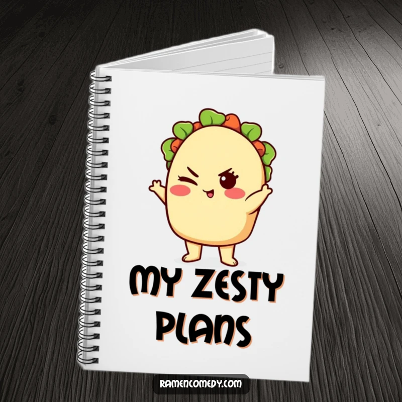 Funny cute taco character posing confidently with a wink, cartoon food notebook.