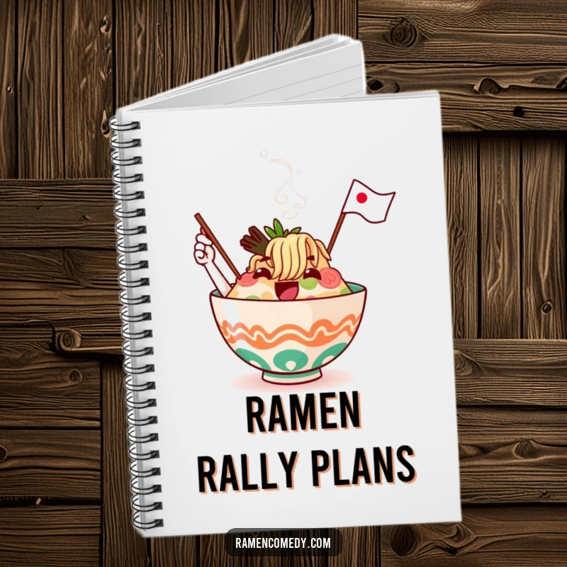 Funny ramen bowl character, steaming and waving a flag, adorning the cover of a fun and energetic notebook.