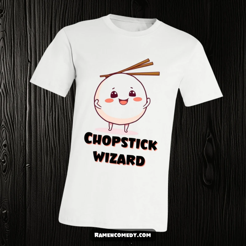 Funny grinning onigiri t-shirt, a cute rice ball character expertly juggling chopsticks, celebrating food and fun.