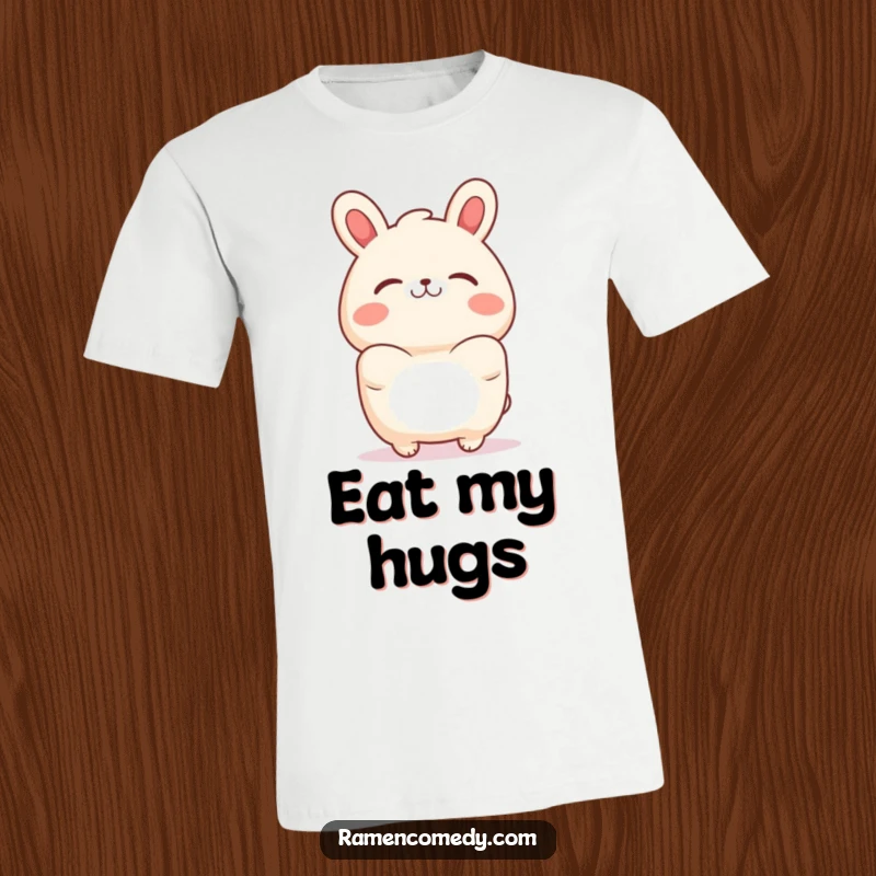 Funny bao bun t-shirt showcasing a happy character extending a welcoming hug gesture, perfect for casual wear.