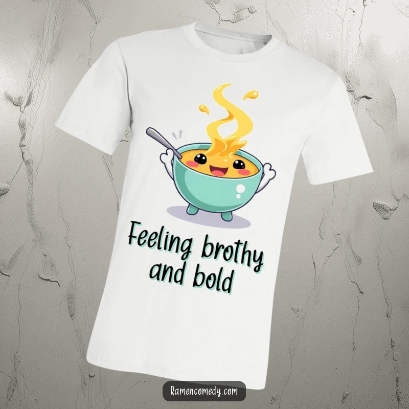 Funny t-shirt featuring a joyful soup character with spoon hands, captured mid-splash, radiating pure glee. A whimsical graphic tee.