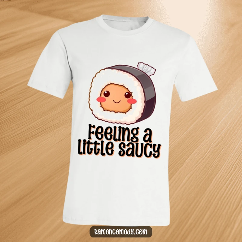 Funny sushi roll t-shirt, bashful smile, peeking from soy sauce, cute Japanese food graphic.