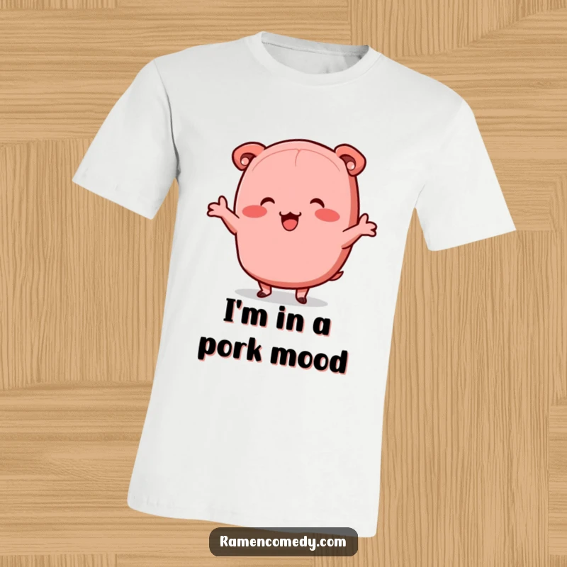 Funny chashu pork t-shirt, happy anthropomorphic slice doing a jig, joyful ramen character.