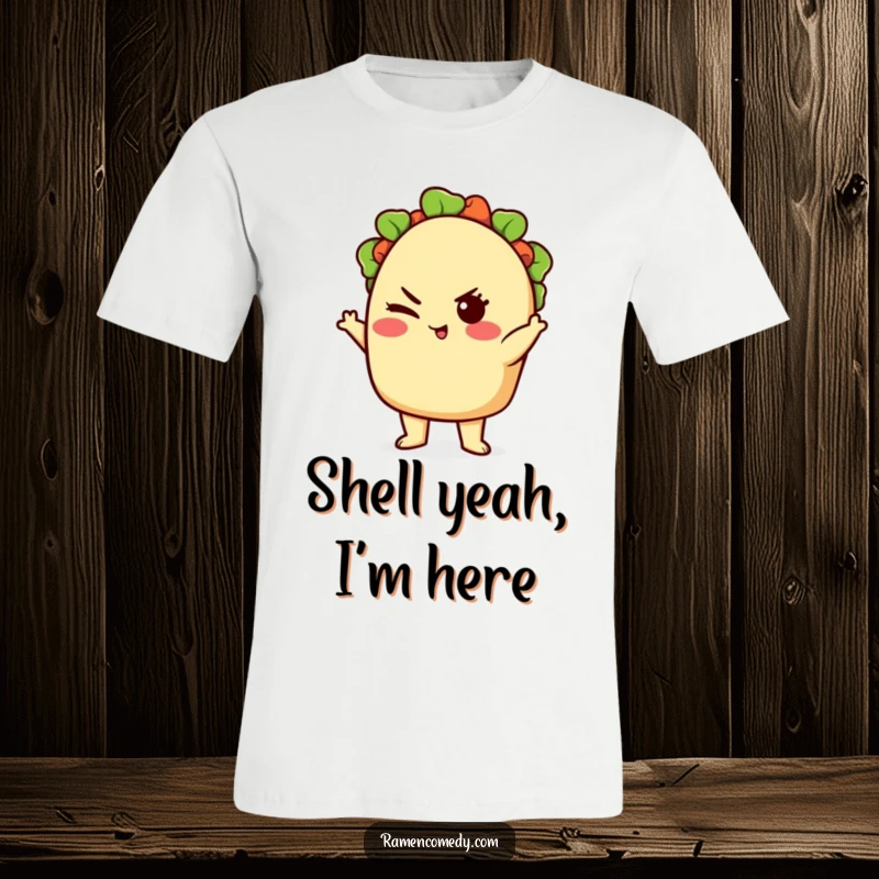 Funny cute taco character posing confidently with a wink, bold cartoon food t-shirt.