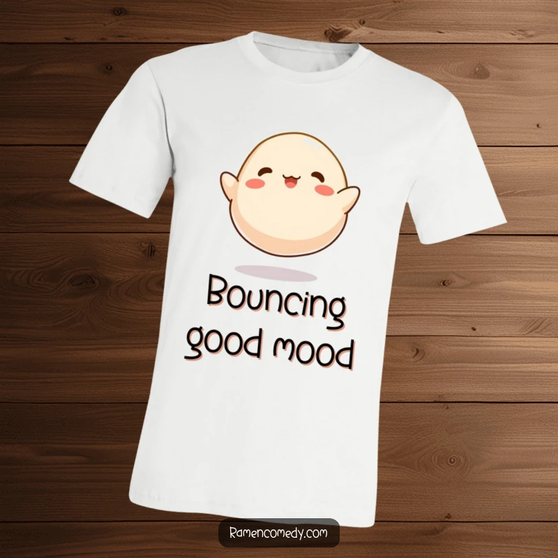 Funny Dumpling Bounce T-Shirt, a cartoonish dumpling happily bouncing like a tiny ball, perfect for food lovers.