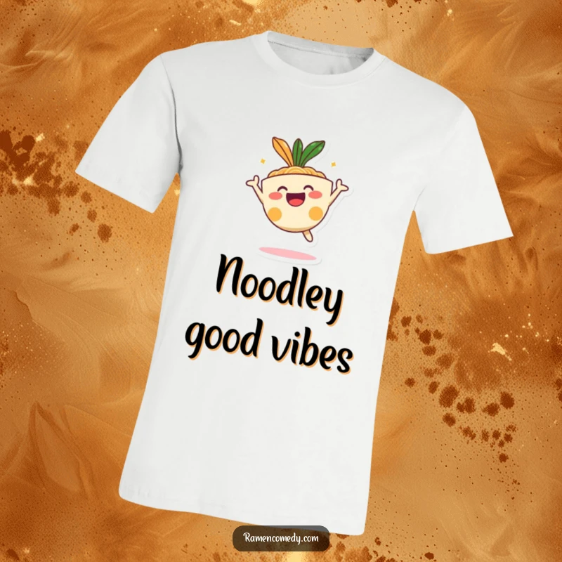 Funny happy ramen bowl character in a high, energetic jump, cute cartoon food t-shirt.