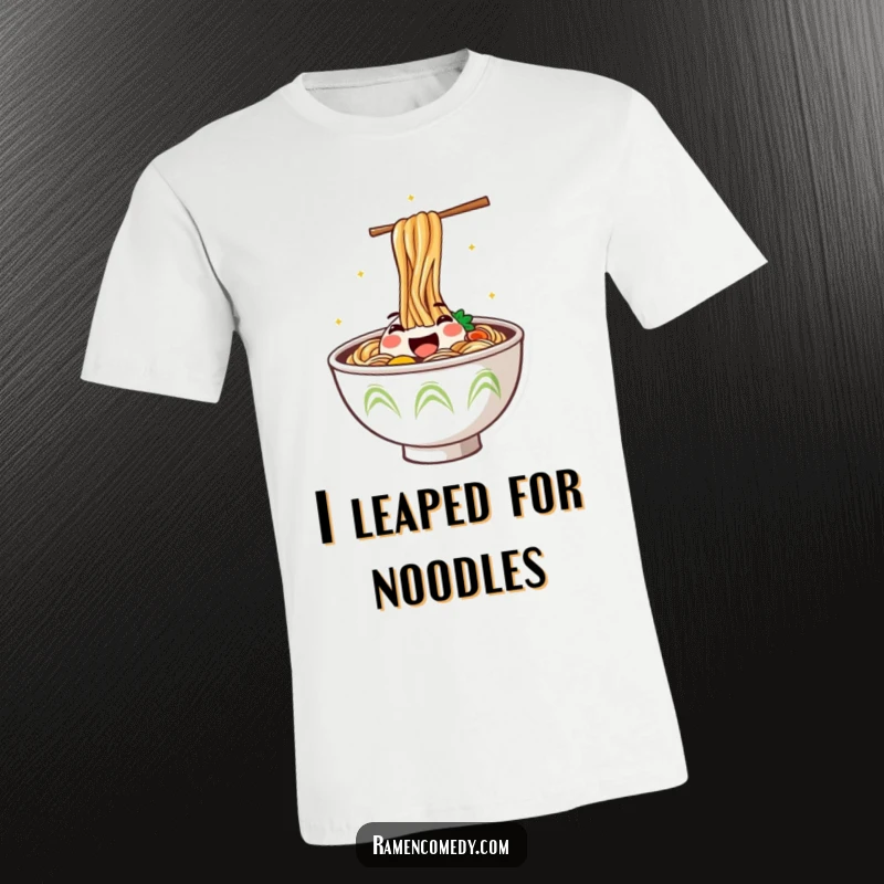 Funny T-Shirt depicting a steaming bowl of ramen with a happy face jumping out, conveying sheer delight and deliciousness.