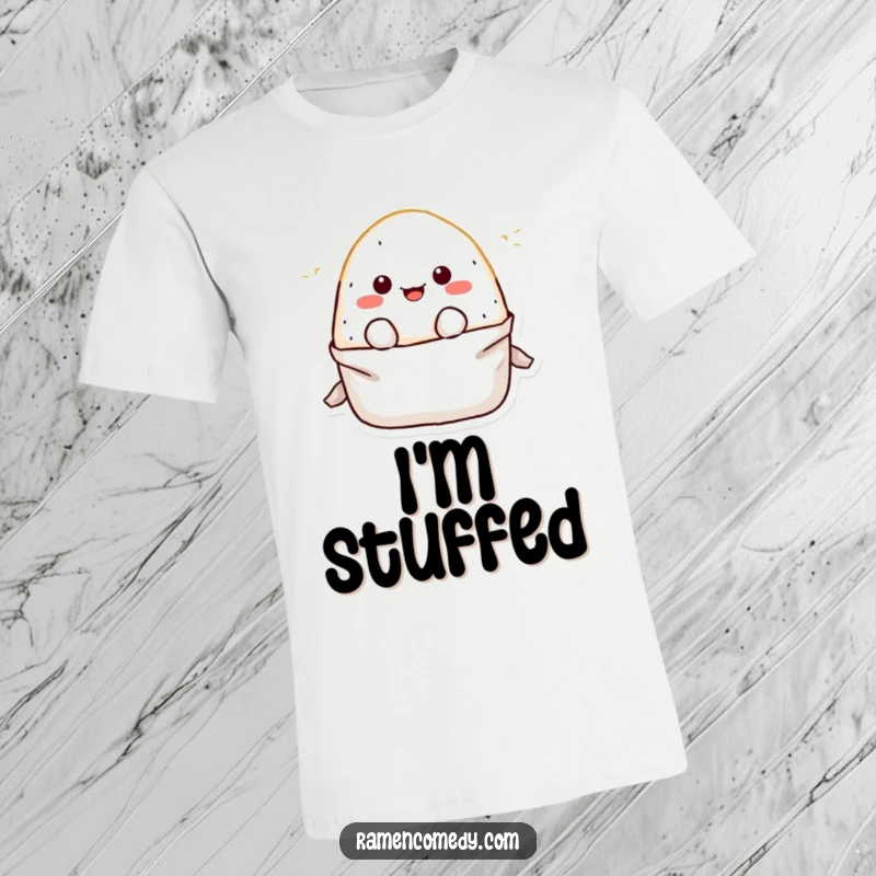 Funny T-Shirt with a playful onigiri rice ball character bursting energetically out of its wrapper, showcasing a happy, fun design.
