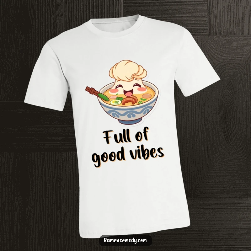 Funny ramen broth t-shirt, smiling character beaming from bowl, cute soup character.
