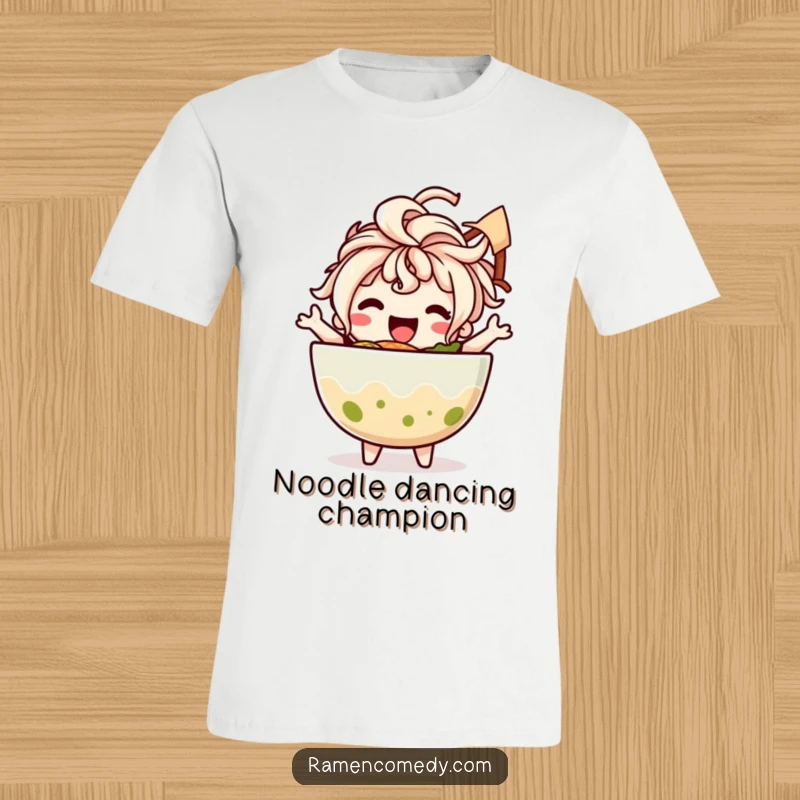 Funny t-shirt showcasing a happy ramen bowl character with noodle hair doing a joyful, funny dance. A food lover's dream.