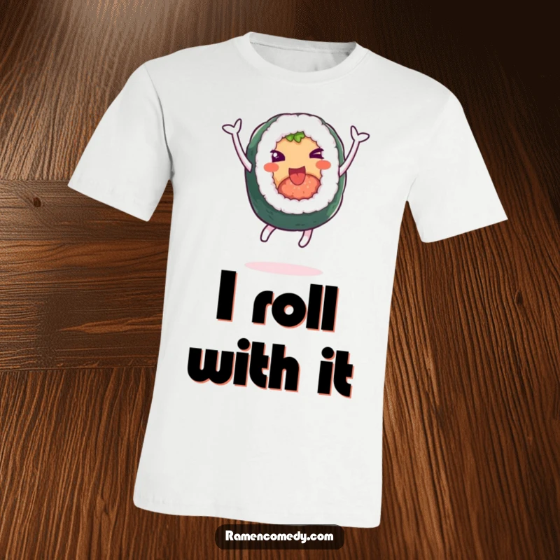 Funny t-shirt showcasing a cheerful sushi roll character leaping in the air with pure glee. A funny gift for sushi fans.