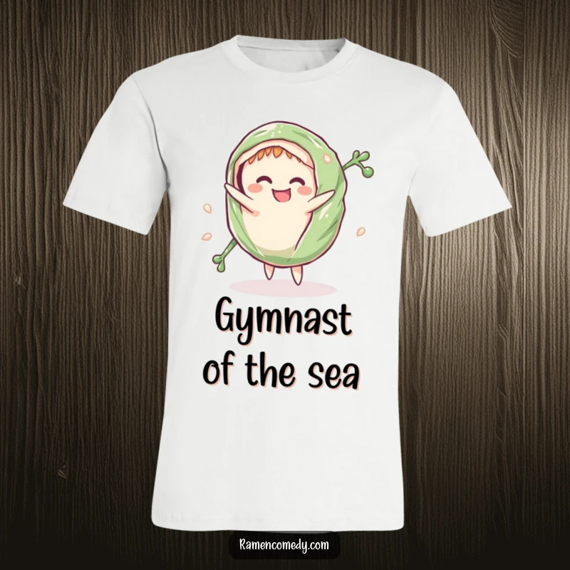 Funny T-Shirt: A grinning seaweed wrap comically performs a cartwheel, embodying playful energy.