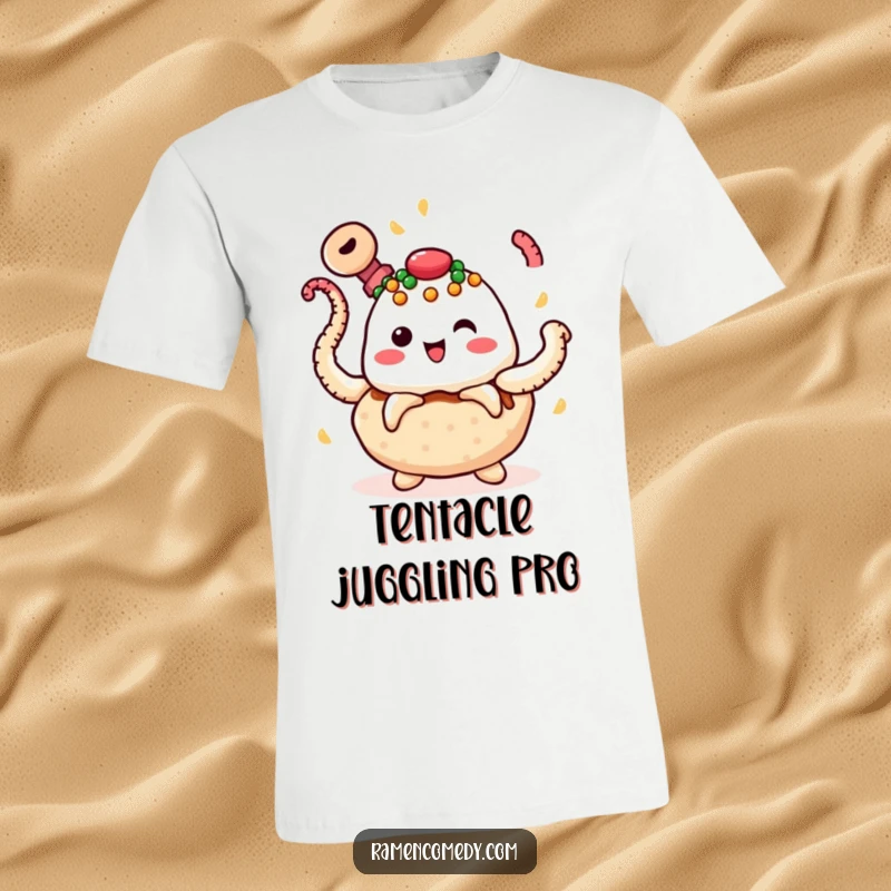 Funny takoyaki t-shirt showing a cheerful ball of food with toppings, juggling several spinning octopus tentacles with a playful expression.