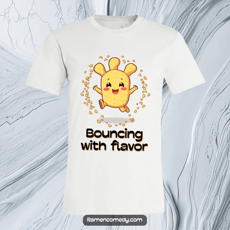 Funny tempura t-shirt with a cheerful tempura character leaping through a sesame seed ring, highlighting foodie excitement.