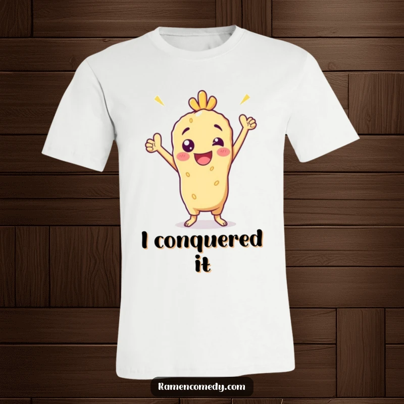 Funny T-Shirt showcasing a cheerful tempura character standing in a bold, victorious pose, exuding confidence and playful pride.