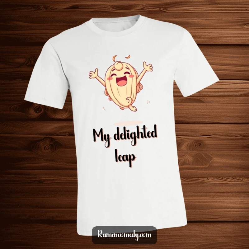 Funny T-Shirt depicting an excited udon noodle character performing a joyful leap, full of energy and playful motion.