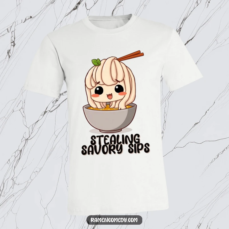 Funny T-Shirt: A happy udon noodle comically sneaks a sip of broth, embodying sneaky delight.
