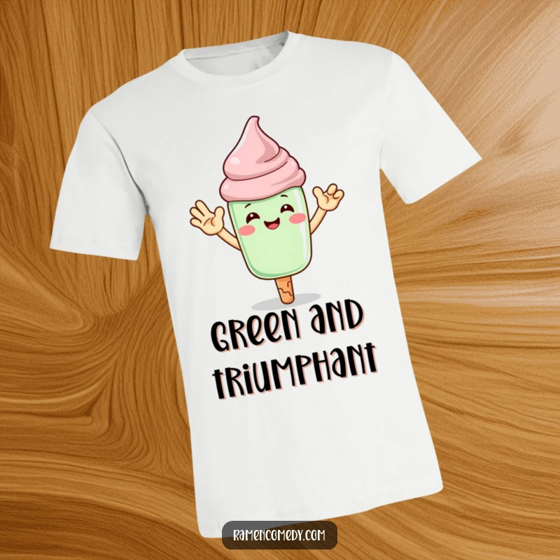 Funny matcha ice cream t-shirt featuring a grinning character offering a high-five, ideal for casual wear.