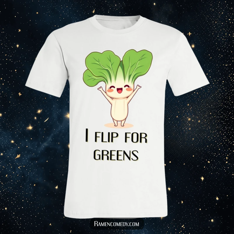 Funny Bok Choy Yoga T-Shirt showcasing a friendly bok choy character playfully doing a headstand, perfect for active people.
