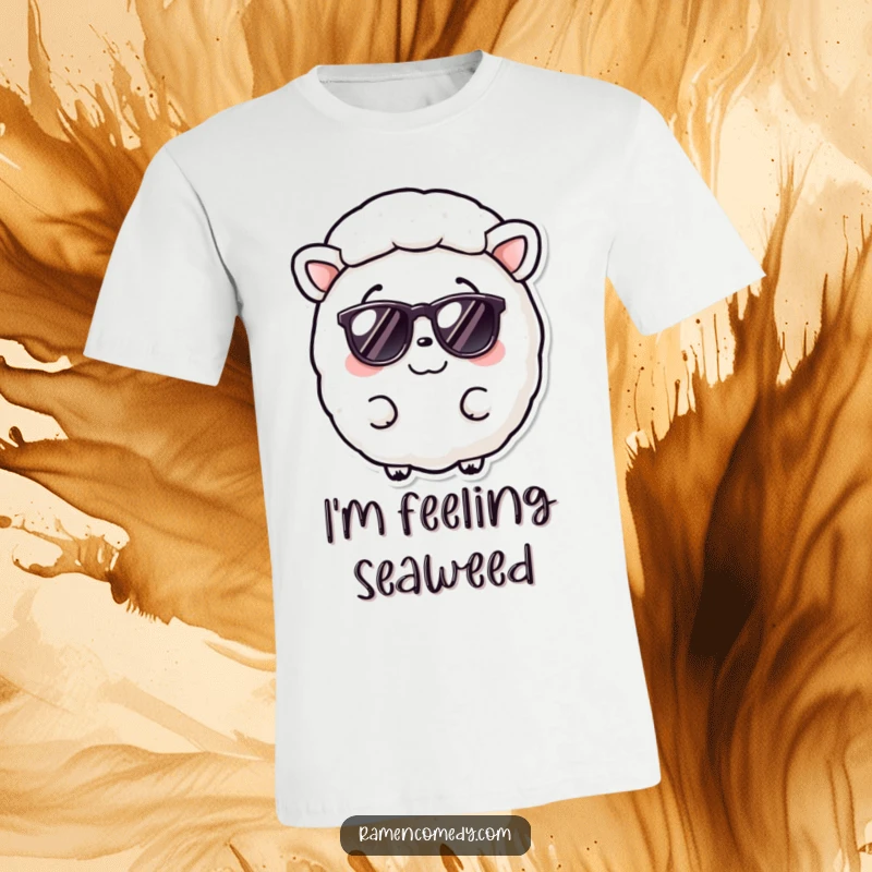Funny Nori Sheet T-Shirt with a smiling seaweed sheet character wearing miniature sunglasses, exuding coolness.