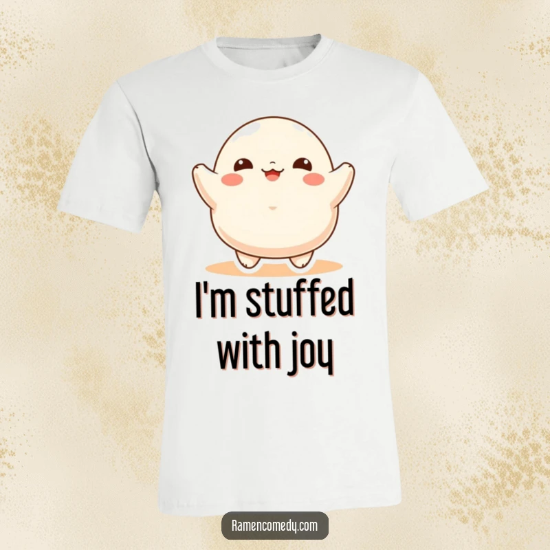Funny T-Shirt showcasing a plump, ecstatic dumpling character mid-bounce, radiating pure, unadulterated happiness and playful food spirit.