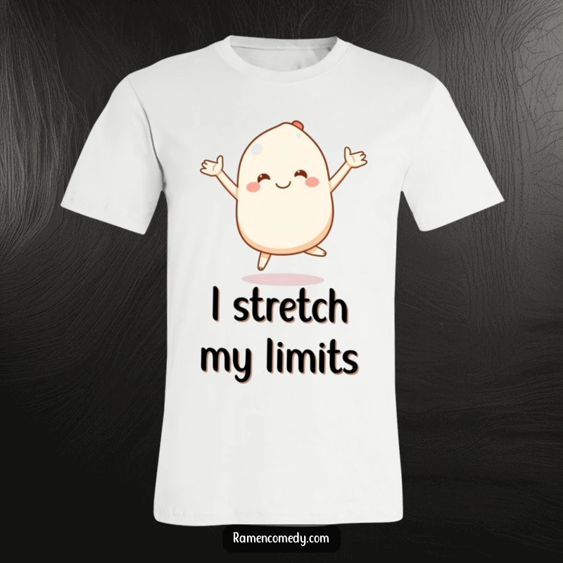Funny mochi t-shirt showcasing a smiling character bouncing energetically with its arms extended, perfect for playful style.