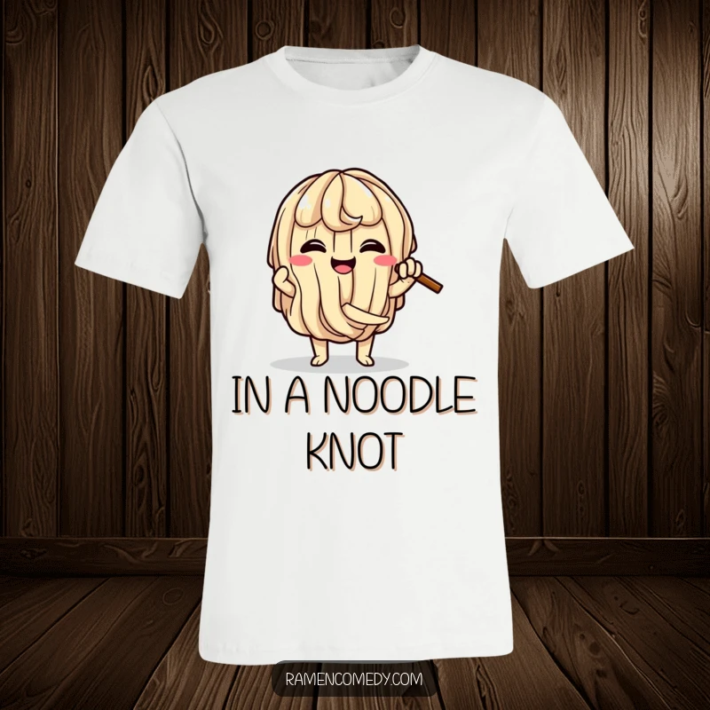 Funny Ramen Noodle Knot T-Shirt showcasing a happy ramen noodle character comically trying to tie itself into a pretzel-like knot.