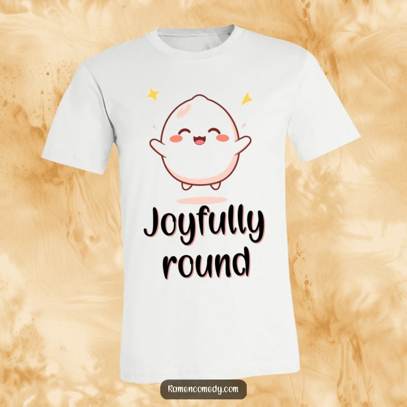 Funny mochi bounce t-shirt showcasing a smiling, round mochi character enthusiastically bouncing with pure joy, radiating positivity.